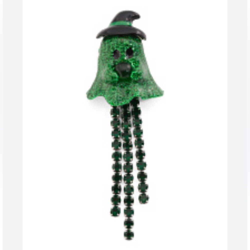Betsey Johnson Green Sparkling Ghost Wearing Black Witches Hat Brooch